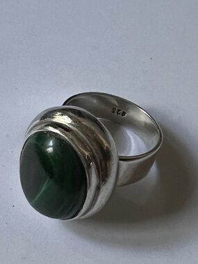Vintage Sterling Silver Malachite Ring 925 Green Stone Dome Statement Size 6.5
